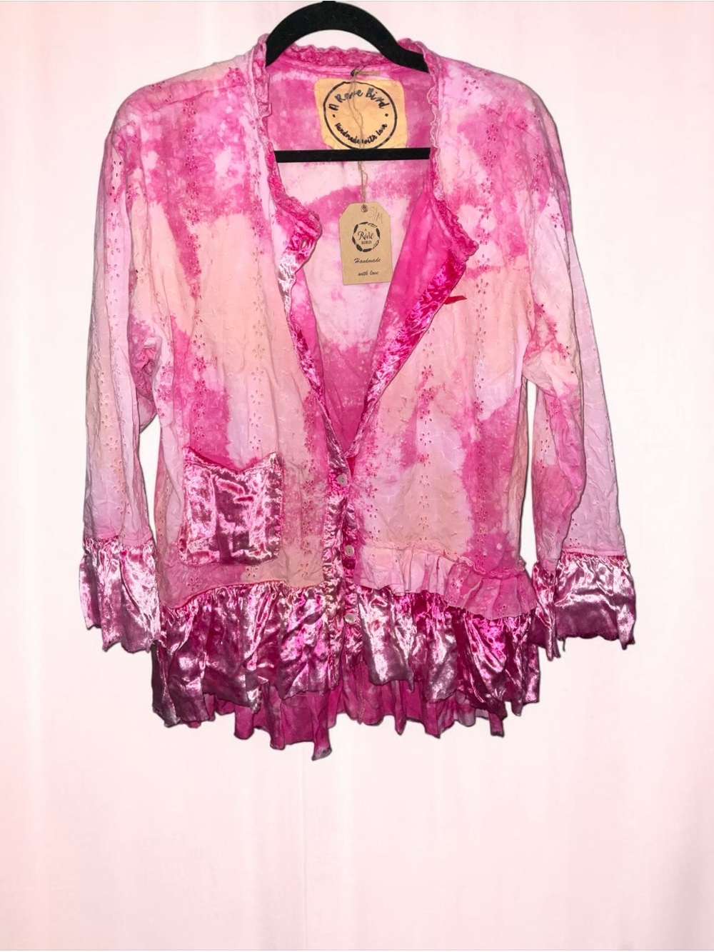 NWT A Rare Bird Handmade Pink Tie Dye Eyelet Velvet Ruffle Jacket S/M Boho - Picture 2 of 6
